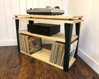 ON SALE Solid maple stereo and turntable console with vinyl storage. Contemporary wood and steel record player stand.