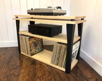 Maple Turntable Stand: Contemporary Wood and Steel Vinyl Record Console