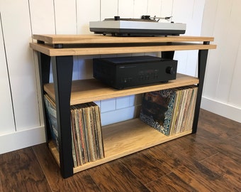 White oak stereo and turntable console with vinyl storage. Contemporary wood and steel record player stand.