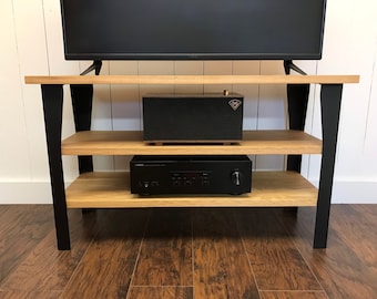 White Oak TV Console with Steel Legs: Modern Media Stand, Optional Vinyl Storage