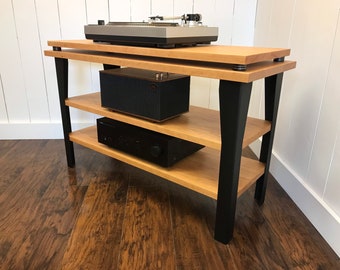 Cherry Turntable Console: Wood and Steel Record Player Stand