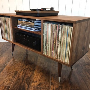 Solid walnut turntable console, record player cabinet, album storage. Mid century modern stereo console with vinyl storage.