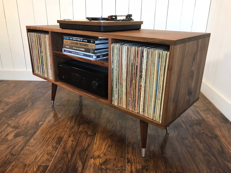 Solid Walnut Turntable Console Record, Mid Century Stereo Cabinet