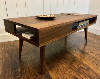 Solid Walnut Coffee Table: Mid Century Modern Design with Storage