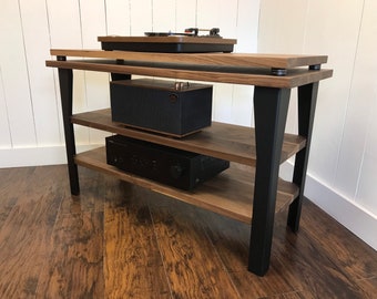 Walnut Stereo Console: Wood and Steel Turntable Stand