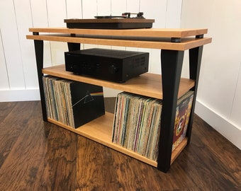 ON SALE Solid cherry stereo and turntable console with vinyl storage. Contemporary wood and steel record player stand.