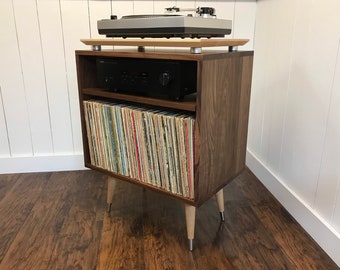 Solid walnut turntable and album storage cabinet, maple accents. Mid century modern record player console with vinyl storage.