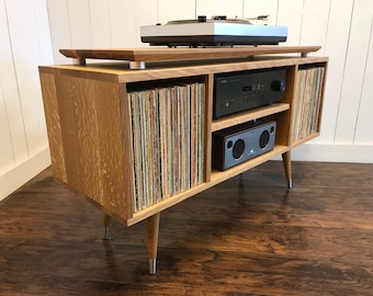 White Oak Turntable Cabinet: Mid Century Modern Vinyl Record Storage