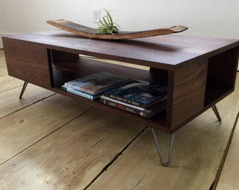 Solid walnut coffee table. Fat Boy mid century modern coffee table with storage.