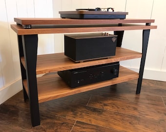 Mahogany Turntable Stand: Contemporary Wood and Steel Record Console