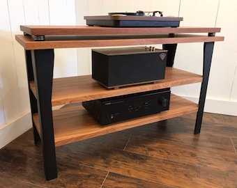 Mahogany stereo and turntable console with optional vinyl storage. Contemporary wood and steel record player stand.