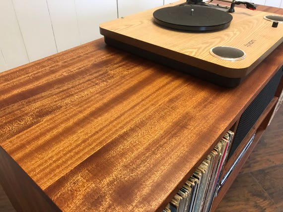 Solid Mahogany Turntable and Stereo Console With Album Storage