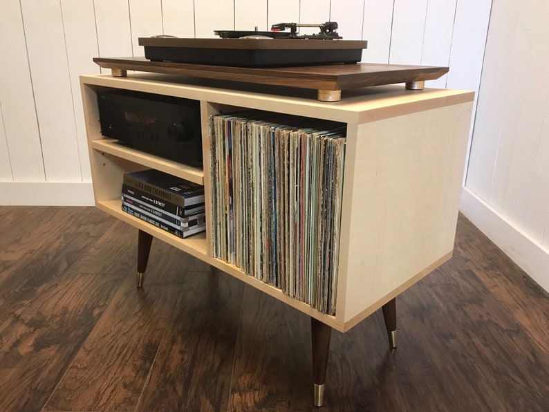 turntable, stereo and album storage cabinet, solid maple with walnut  accents. mid century modern record player console with vinyl storage.