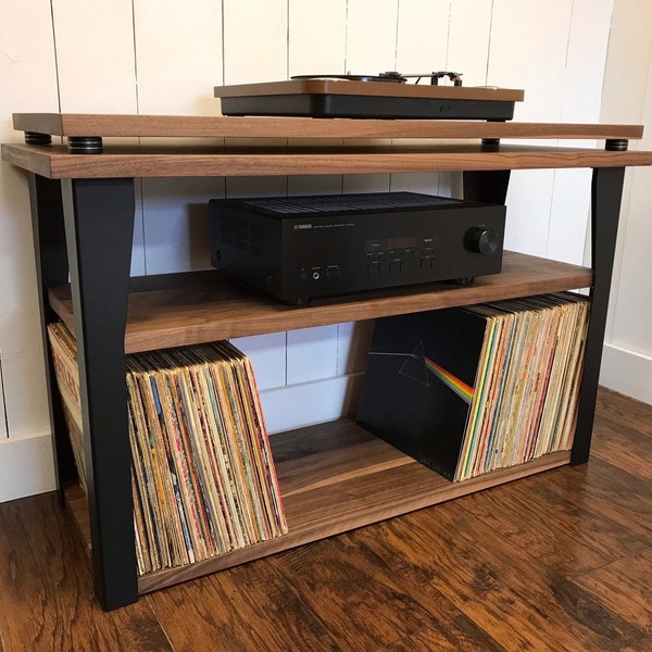 Walnut stereo and turntable console with vinyl storage, modern audio rack with steel legs. Ready in one week.