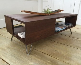 Solid walnut coffee table. Fat Boy mid century modern coffee table with storage.