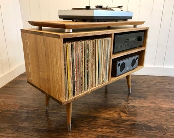 White Oak Mid Century Modern Stereo Console: Turntable & Vinyl Storage