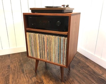 Solid mahogany record player console, stereo cabinet, album storage. Mid century modern turntable stand with vinyl storage.