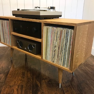 White oak turntable stand, record player cabinet, stereo console.