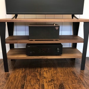 Walnut media console. Contemporary wood and steel TV stand.