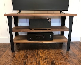 Walnut media console. Contemporary wood and steel TV stand.