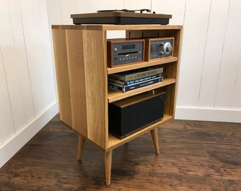 Solid white oak turntable and stereo console. Mid century modern audio cabinet with vinyl storage.