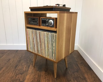 Solid White Oak Mid Century Modern Turntable Console with Vinyl Storage