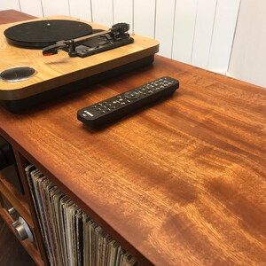 Solid mahogany turntable cabinet with album storage. Mid century modern record player console with vinyl storage. image 3