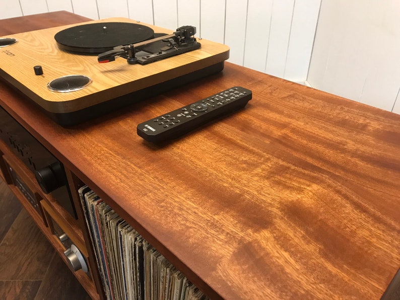 Solid mahogany turntable cabinet with album storage. Mid century modern record player console with vinyl storage. image 3