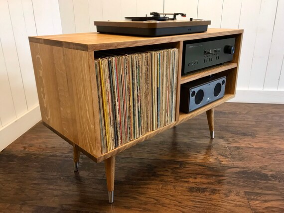 turntable and stereo cabinet with album storage. mid century modern record  player console, quartersawn white oak.