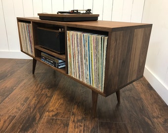 Solid walnut turntable console, record player cabinet, album storage. Mid century modern stereo console with vinyl storage.