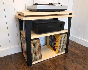 ON SALE Solid maple stereo and turntable console with vinyl storage. Contemporary wood and steel record player stand.