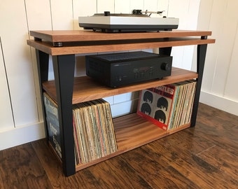 Mahogany Record Player Stand: Wood & Steel Vinyl Storage Console