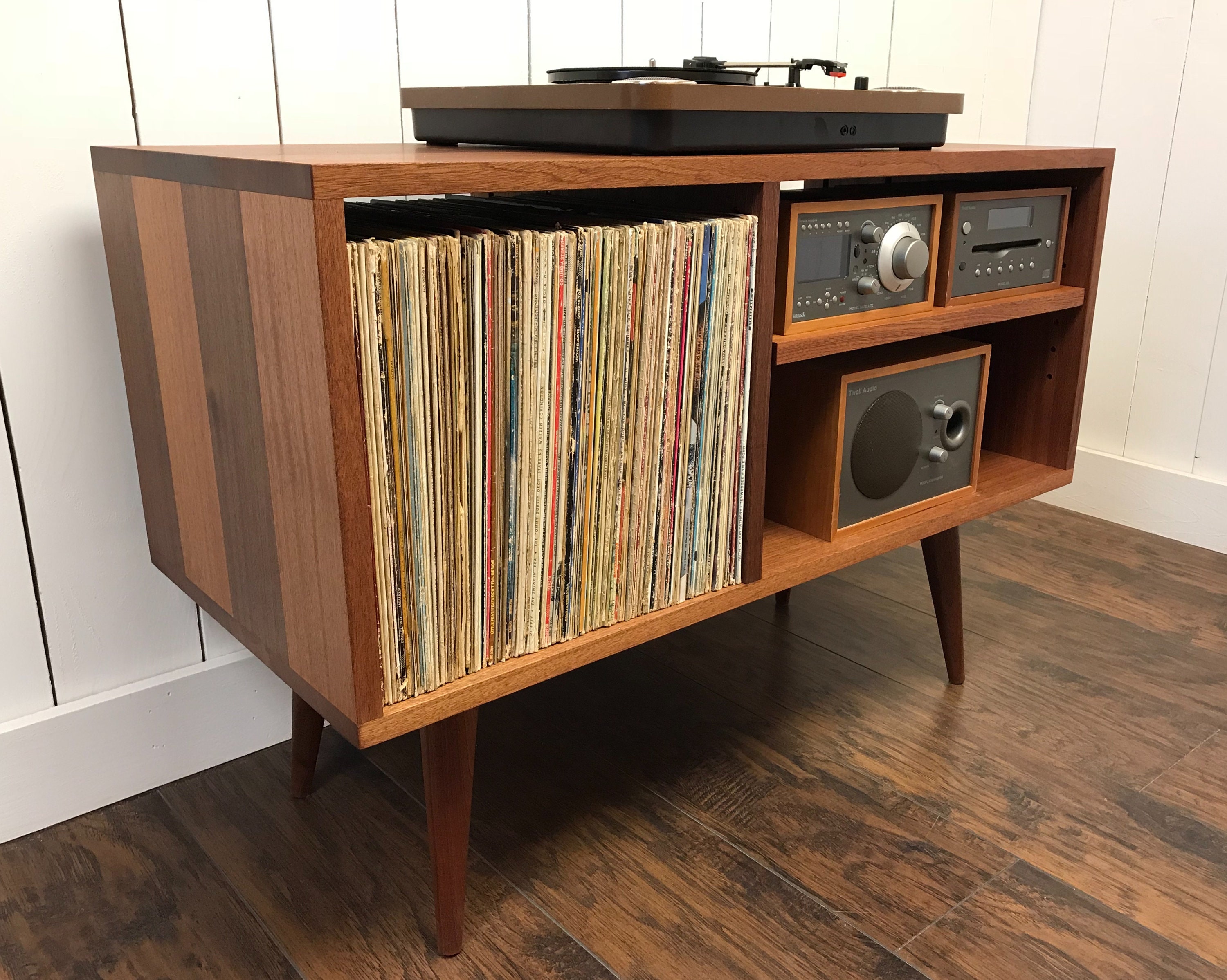 Solid mahogany turntable with album storage. Mid Etsy
