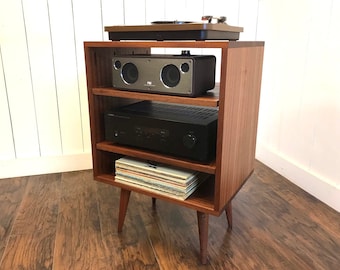 Solid mahogany record player console, stereo cabinet, album storage. Mid century modern turntable stand with vinyl storage.