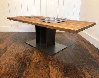 Industrial walnut  coffee table with I-beam base. Contemporary wood and steel coffee table.