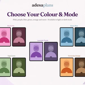 Pode incluir: Um gr&aacute;fico digital intitulado adesaplans Choose Your Colour & Mode, exibindo cinco conjuntos de cores em modo claro e escuro: rosa, azul, roxo, verde e laranja, cada um apresentando um design geom&eacute;trico de arco no centro da tela.
