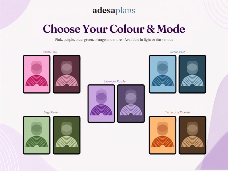 Pode incluir: Um gr&aacute;fico digital intitulado adesaplans Choose Your Colour & Mode, exibindo cinco conjuntos de cores em modo claro e escuro: rosa, azul, roxo, verde e laranja, cada um apresentando um design geom&eacute;trico de arco no centro da tela.