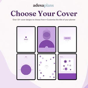 Pode incluir: Um display digital mostrando seis designs de capas de planejador em tons de roxo e branco. O texto diz adesaplans, Choose Your Cover, Over 10+ cover designs to choose from, Customise the title of your planner, Grace's.