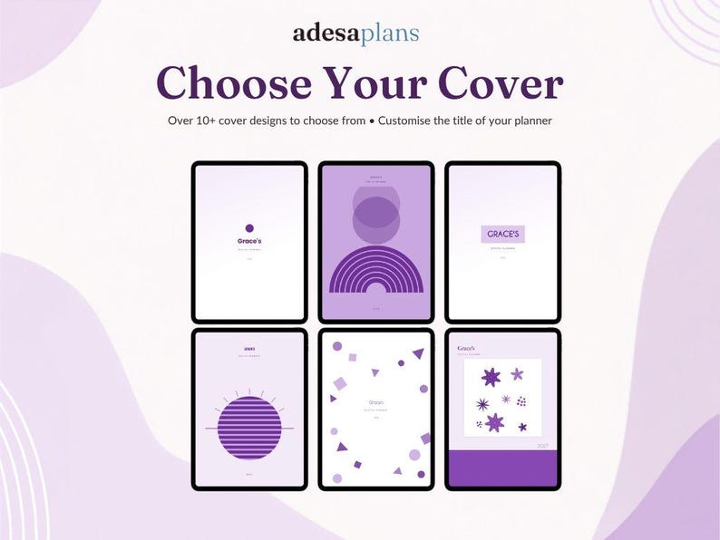 Pode incluir: Um display digital mostrando seis designs de capas de planejador em tons de roxo e branco. O texto diz adesaplans, Choose Your Cover, Over 10+ cover designs to choose from, Customise the title of your planner, Grace's.