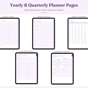 Pode incluir: P&aacute;ginas de planejador digital para iPad com Yearly & Quarterly Planner Pages, Yearly Goals, Yearly Review, Yearly Calendar, Quarterly Goals e Quarterly Review. O layout usa um esquema de cores roxo claro com se&ccedil;&otilde;es organizadas para acompanhar metas, revis&otilde;es e datas de calend&aacute;rio em um formato limpo e estruturado.