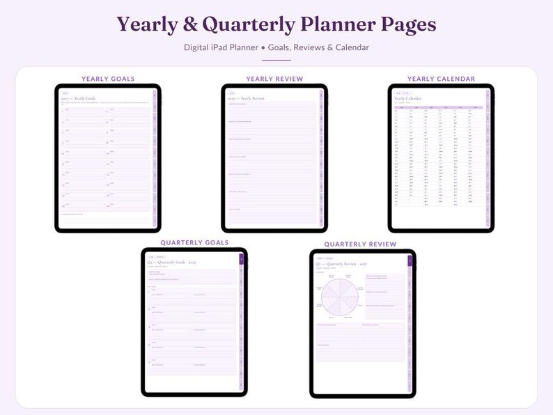 Pode incluir: P&aacute;ginas de planejador digital para iPad com Yearly & Quarterly Planner Pages, Yearly Goals, Yearly Review, Yearly Calendar, Quarterly Goals e Quarterly Review. O layout usa um esquema de cores roxo claro com se&ccedil;&otilde;es organizadas para acompanhar metas, revis&otilde;es e datas de calend&aacute;rio em um formato limpo e estruturado.