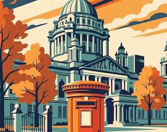 Plakat podróżniczy w stylu retro z Belfast Post Box, wydruk vintage z Irlandii Północnej