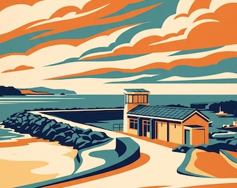 Plakat podróżniczy Portrush Harbour Pier w stylu retro, wydruk w stylu vintage z Irlandii Północnej
