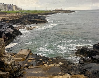 Wydruk z linią brzegową Portrush w Irlandii Północnej, impresjonistyczna sztuka ścienna z motywem wybrzeża, plakat z krajobrazem morskim