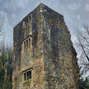 May include: A digital art print titled OLD CASTLE ARCHDALE featuring a tall, weathered stone tower with three visible windows. The structure is surrounded by green grass and bare trees under a gray sky. The text NORTHERN IRELAND appears at the bottom.