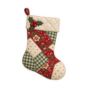 Calcetín navideño de retazos PNG, calcetín de imitación acolchado rojo con flores y cuadros verdes con acebo, imágenes prediseñadas rústicas para descarga digital