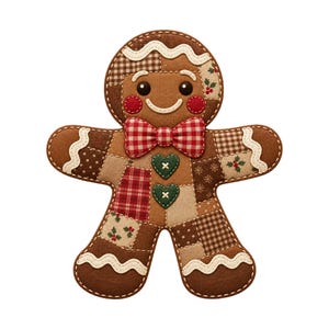May include: A gingerbread man ornament featuring a patchwork design of brown, tan, and red fabrics. It has a red and white checkered bow tie, two green heart-shaped buttons, white wavy icing trim on the head and limbs, and stitched details.