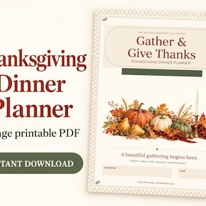 Può includere: Un pianificatore per la cena del Ringraziamento in PDF stampabile di 8 pagine con bordo a scacchi. Il documento presenta il testo Gather & Give Thanks, Thanksgiving Dinner Planner e A beautiful gathering begins here, con illustrazioni di zucche.