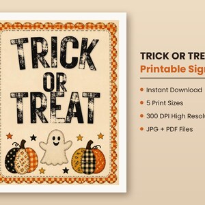 Trick or Treat Sign Printable, Vintage Halloween Wall Art, Patchwork Pumpkin & Ghost Print, Halloween Door Sign, Folk Art Fall Decor