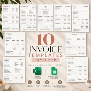 May include: A collection of ten white invoice templates with black text, featuring various layouts for business billing. The image includes icons for Excel and Google Sheets, along with text labels for instant download and editing features.